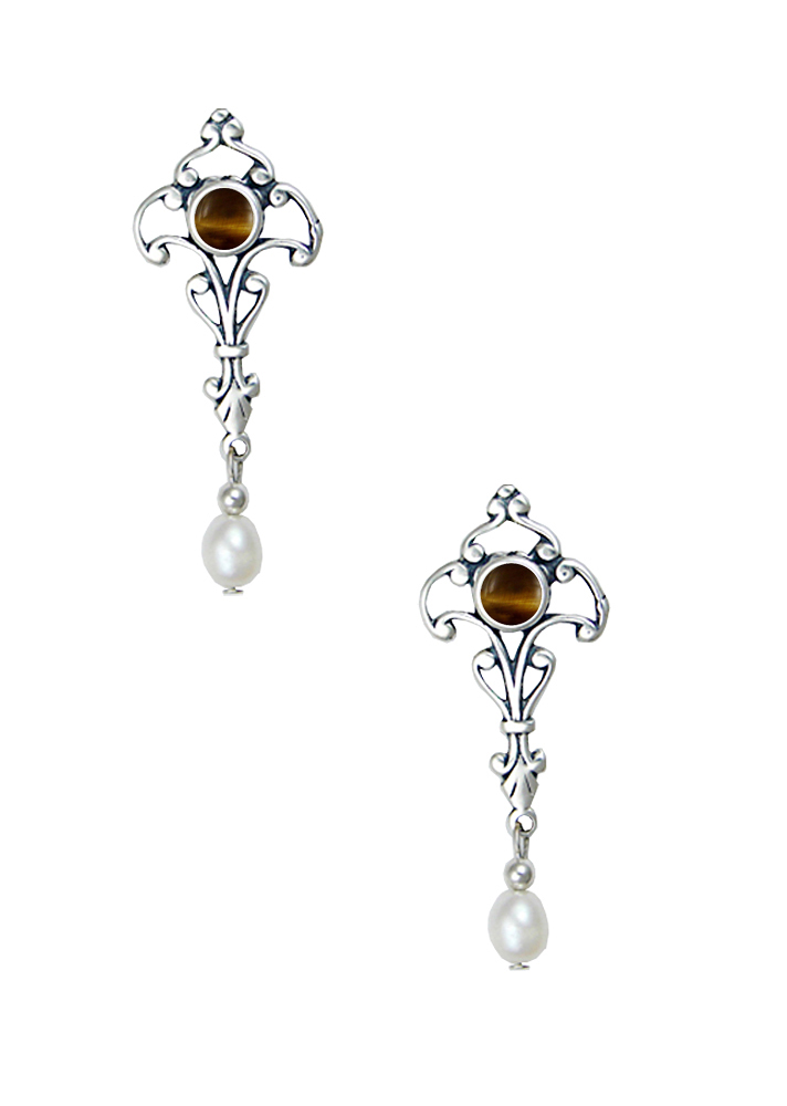 Sterling Silver Romantic Victorian Drop Dangle Earrings With Tiger Eye